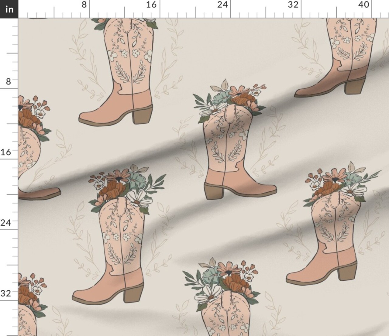 Cowgirl Boots Pink Beige Boho Muted Flowers Southwestern Autumn Fall Custom Printed Fabric by Spoonflower Various Fabrics by the Yard or Fat Quarter